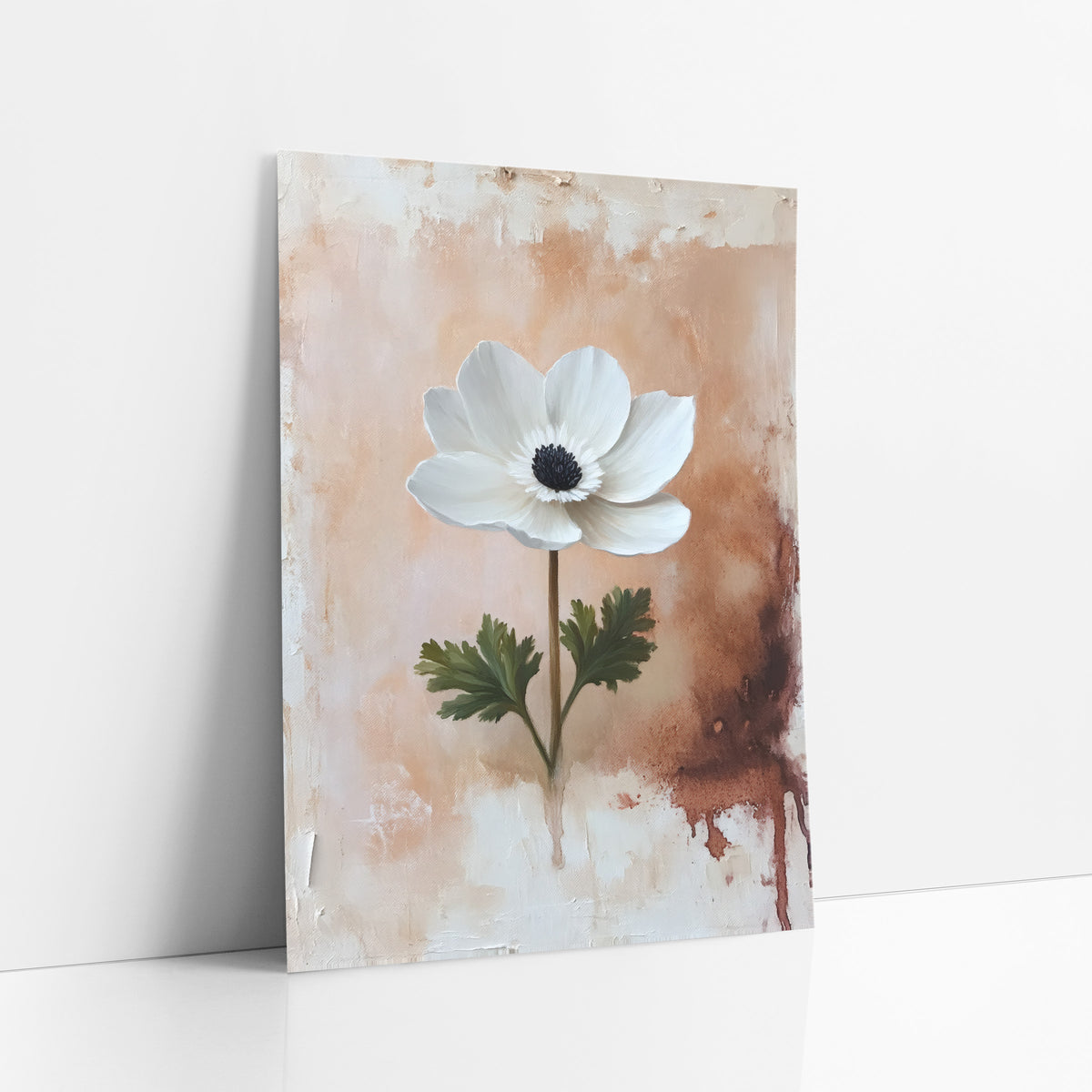 Blush Anemone Rust Drip Rustic art print leaning against a white wall – single white anemone with black center and green