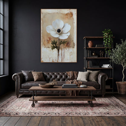 White Anemone Bloom Rustic Botanical wall art in a moody dark academia room – single white anemone flower with a black