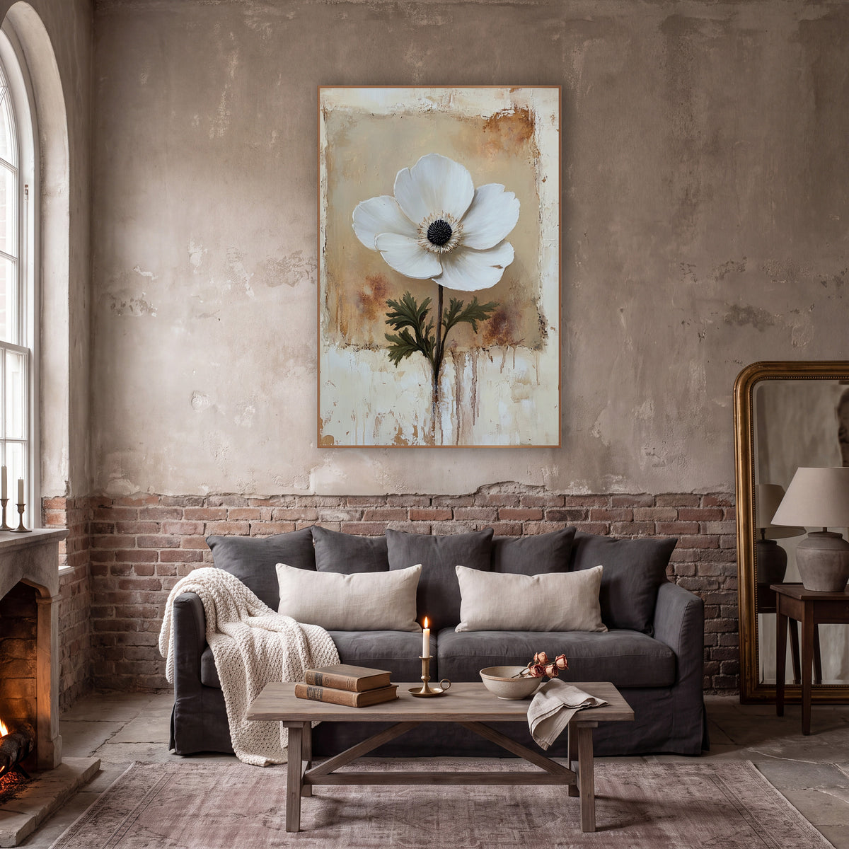 White Anemone Bloom Rustic Botanical wall art in a moody dark academia room – single white anemone flower with a black