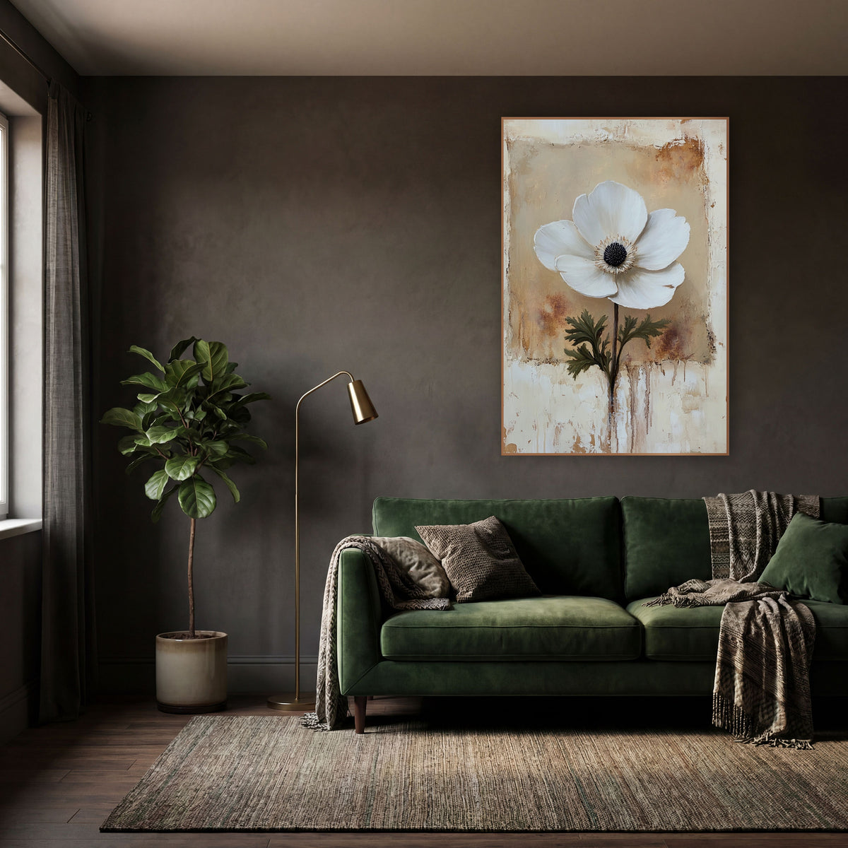 White Anemone Bloom Rustic Botanical wall art in a moody dark academia room – single white anemone flower with a black