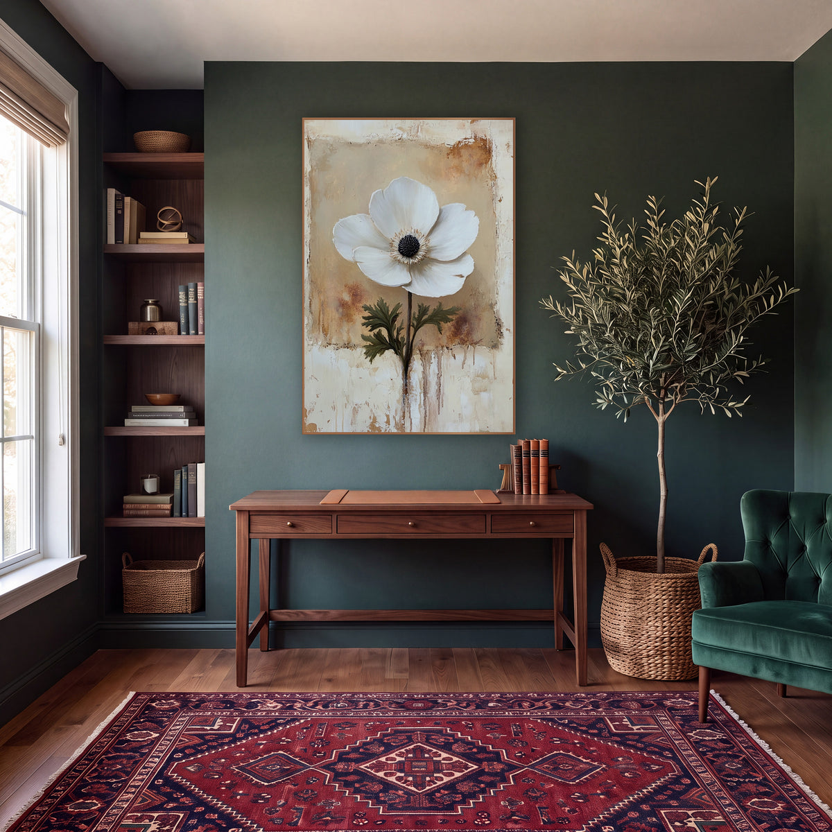 White Anemone Bloom Rustic Botanical wall art in a moody dark academia room – single white anemone flower with a black