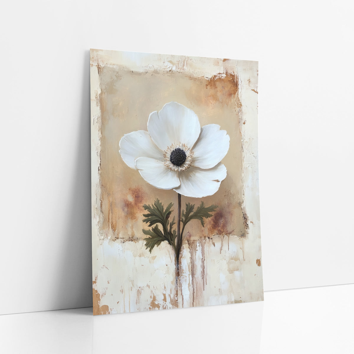 White Anemone Bloom Rustic Botanical art print leaning against a white wall – single white anemone flower with a black center