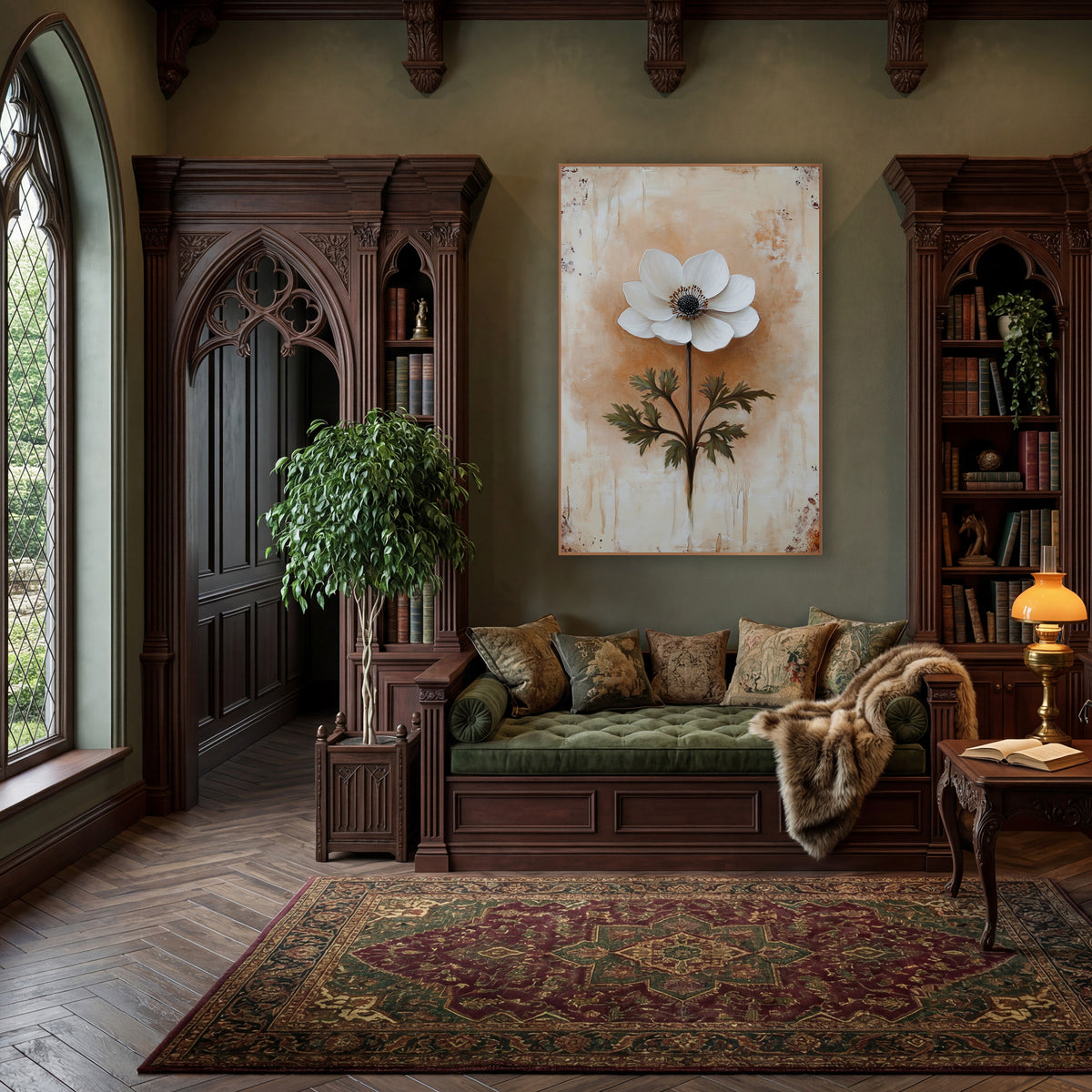 Ivory Anemone Fern Leaves Farmhouse wall art in a moody dark academia room – single white anemone with dark center