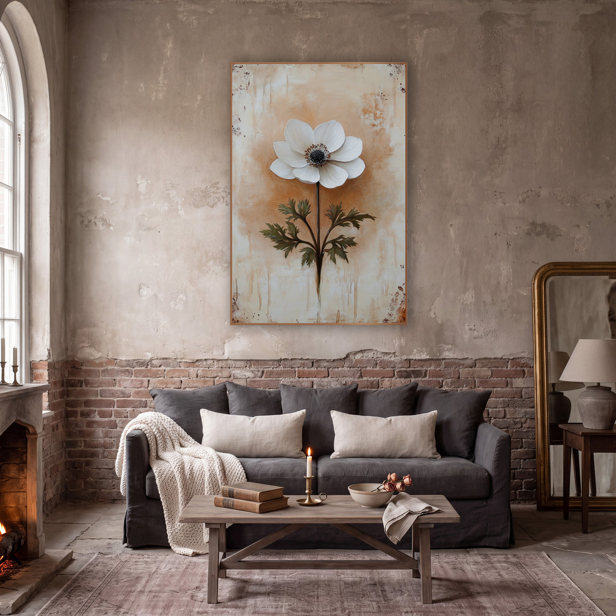 Ivory Anemone Fern Leaves Farmhouse wall art in a moody dark academia room – single white anemone with dark center