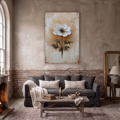 Ivory Anemone Fern Leaves Farmhouse wall art in a moody dark academia room – single white anemone with dark center