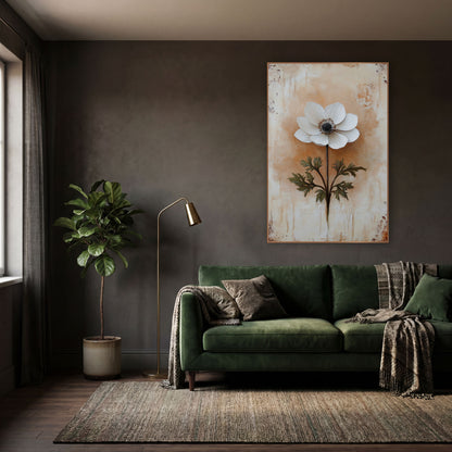 Ivory Anemone Fern Leaves Farmhouse wall art in a moody dark academia room – single white anemone with dark center