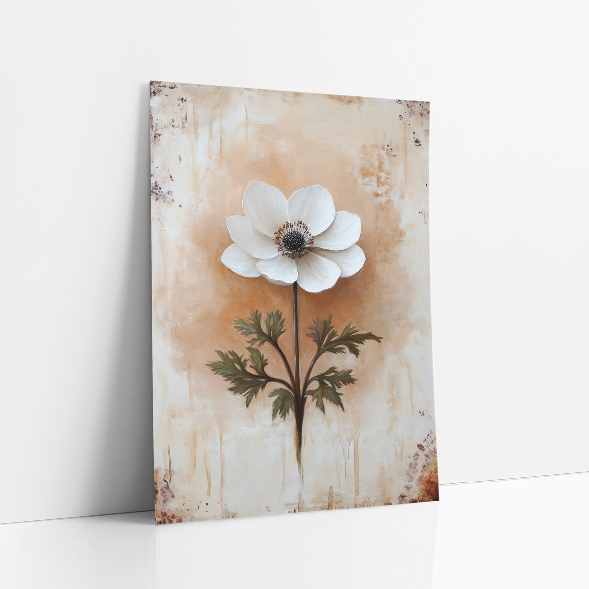 Ivory Anemone Fern Leaves Farmhouse art print leaning against a white wall – single white anemone with dark center and green