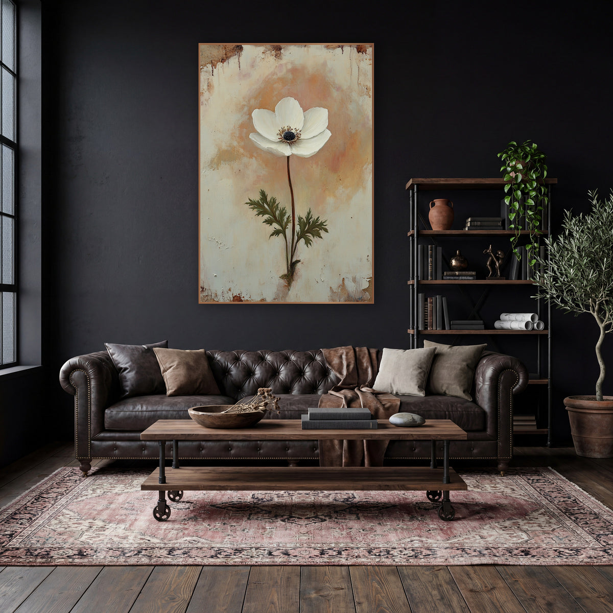 Single White Anemone Vintage Botanical wall art in a moody dark academia room – single white anemone flower with dark