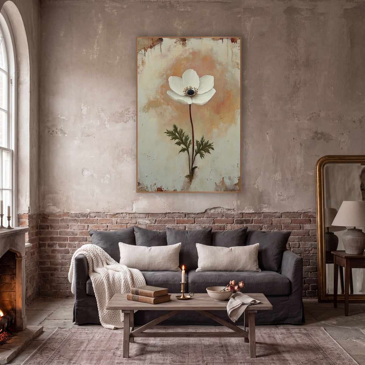 Single White Anemone Vintage Botanical wall art in a moody dark academia room – single white anemone flower with dark