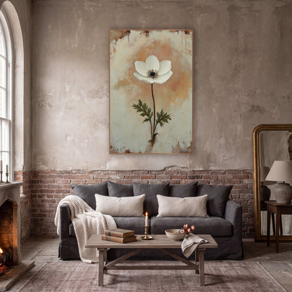 Single White Anemone Vintage Botanical wall art in a moody dark academia room – single white anemone flower with dark