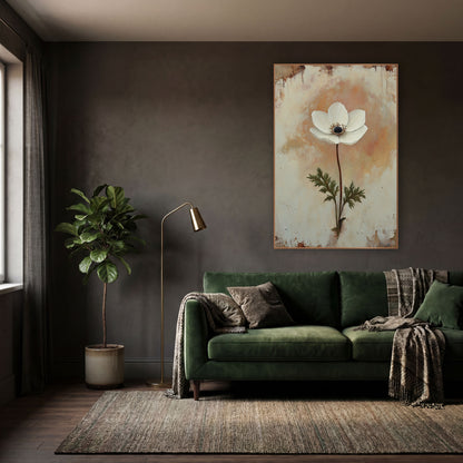 Single White Anemone Vintage Botanical wall art in a moody dark academia room – single white anemone flower with dark
