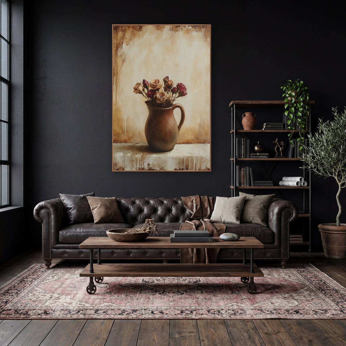 Dried Roses Dripping Wall Classic wall art in a moody dark academia room – dried tan and burgundy roses in a brown