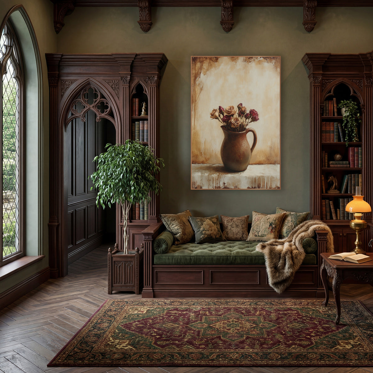 Dried Roses Dripping Wall Classic wall art in a moody dark academia room – dried tan and burgundy roses in a brown