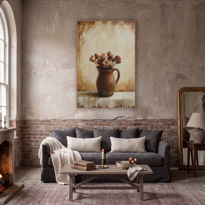 Dried Roses Dripping Wall Classic wall art in a moody dark academia room – dried tan and burgundy roses in a brown