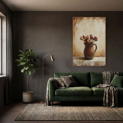 Dried Roses Dripping Wall Classic wall art in a moody dark academia room – dried tan and burgundy roses in a brown