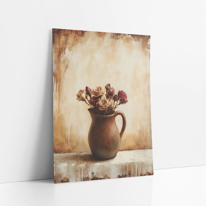 Dried Roses Dripping Wall Classic art print leaning against a white wall – dried tan and burgundy roses in a brown pitcher