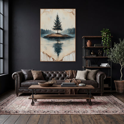 Island Pine Parchment Reflection Moody wall art in a moody dark academia room – lone evergreen tree on a small grassy