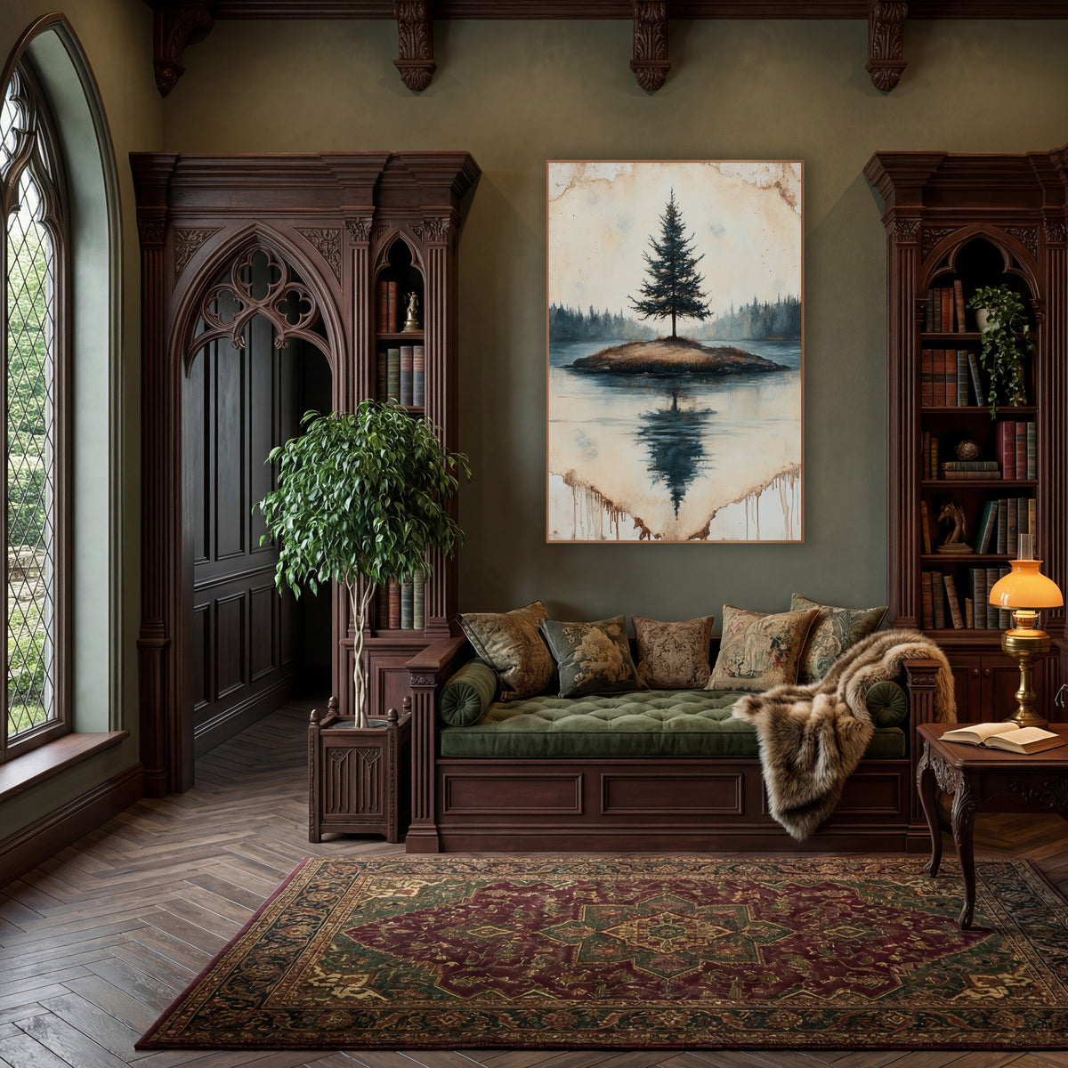 Island Pine Parchment Reflection Moody wall art in a moody dark academia room – lone evergreen tree on a small grassy