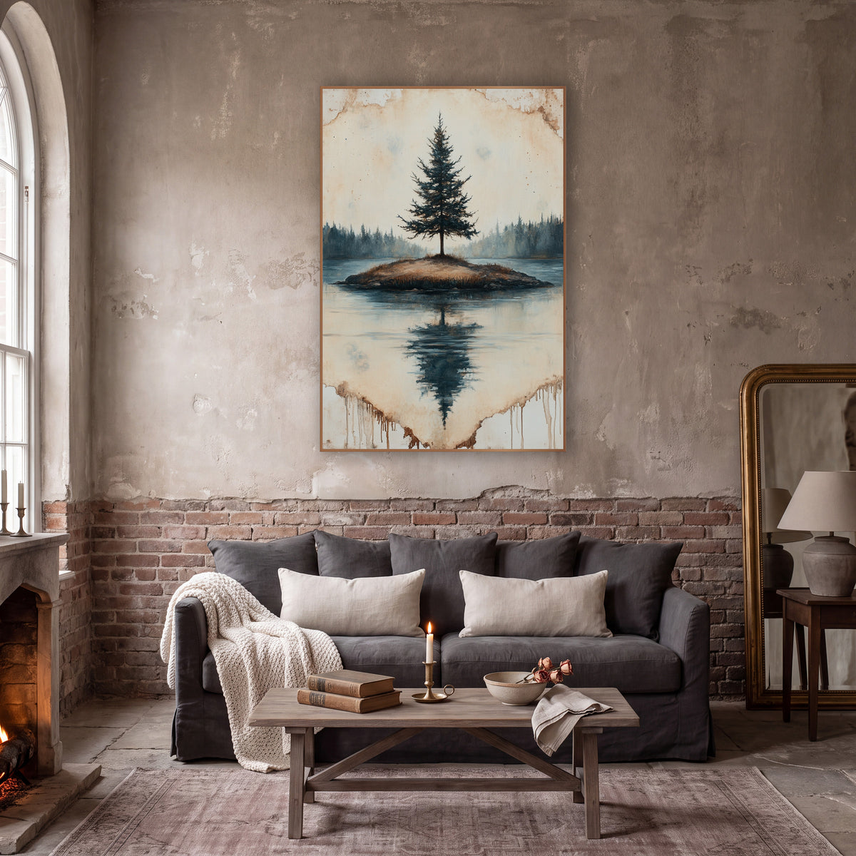 Island Pine Parchment Reflection Moody wall art in a moody dark academia room – lone evergreen tree on a small grassy