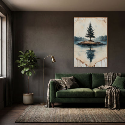 Island Pine Parchment Reflection Moody wall art in a moody dark academia room – lone evergreen tree on a small grassy
