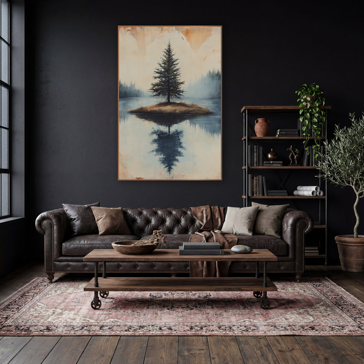 Foggy Pine Islet Calm Rustic wall art in a moody dark academia room – lone evergreen on a small grassy island