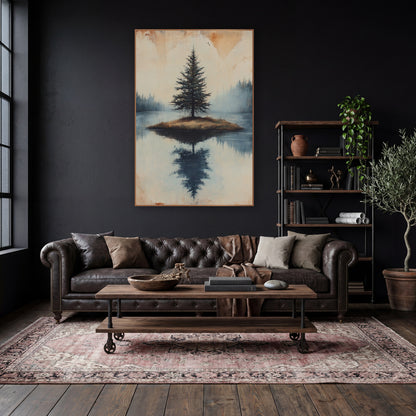 Foggy Pine Islet Calm Rustic wall art in a moody dark academia room – lone evergreen on a small grassy island
