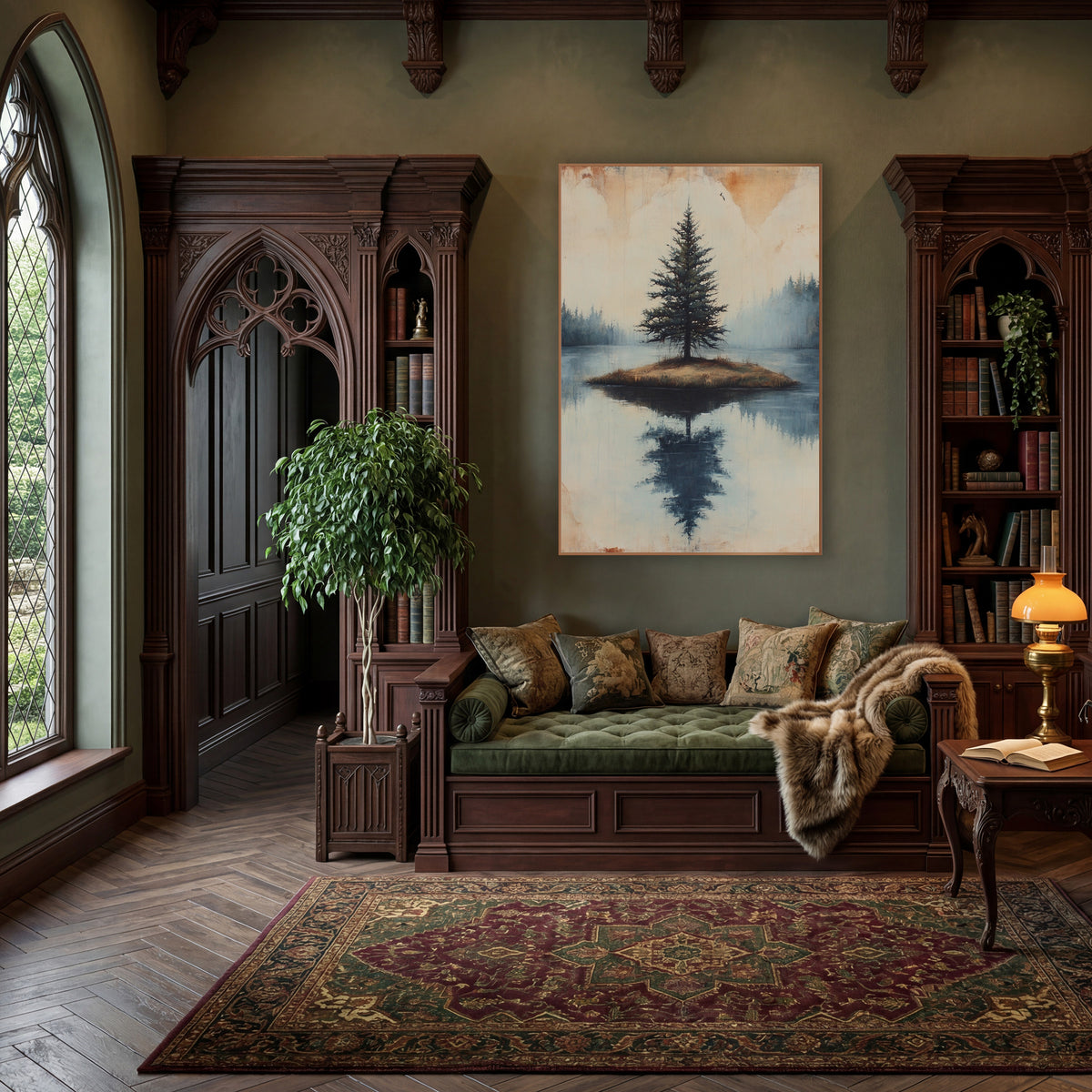 Foggy Pine Islet Calm Rustic wall art in a moody dark academia room – lone evergreen on a small grassy island