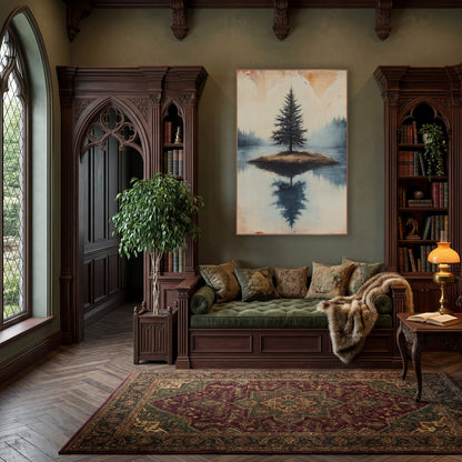 Foggy Pine Islet Calm Rustic wall art in a moody dark academia room – lone evergreen on a small grassy island