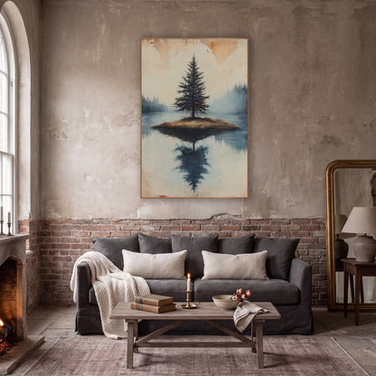 Foggy Pine Islet Calm Rustic wall art in a moody dark academia room – lone evergreen on a small grassy island