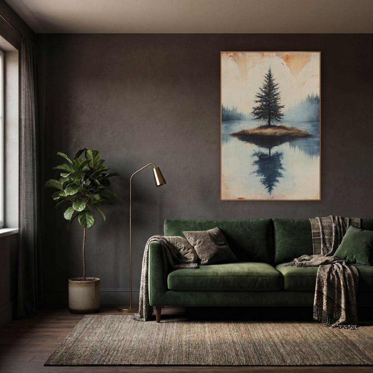 Foggy Pine Islet Calm Rustic wall art in a moody dark academia room – lone evergreen on a small grassy island