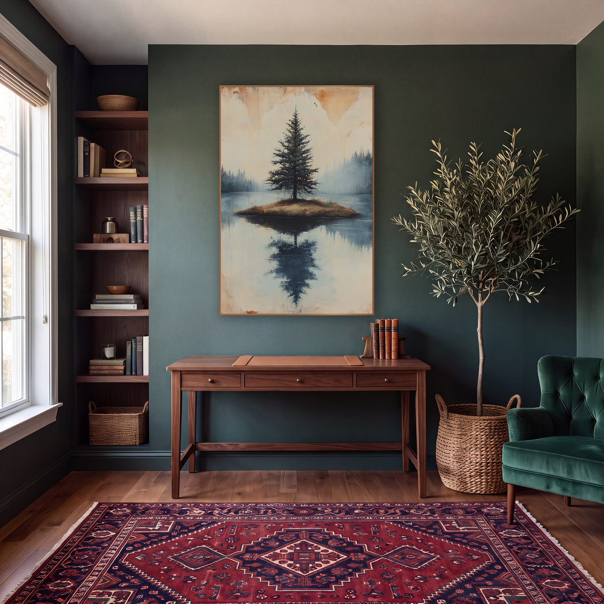 Foggy Pine Islet Calm Rustic wall art in a moody dark academia room – lone evergreen on a small grassy island