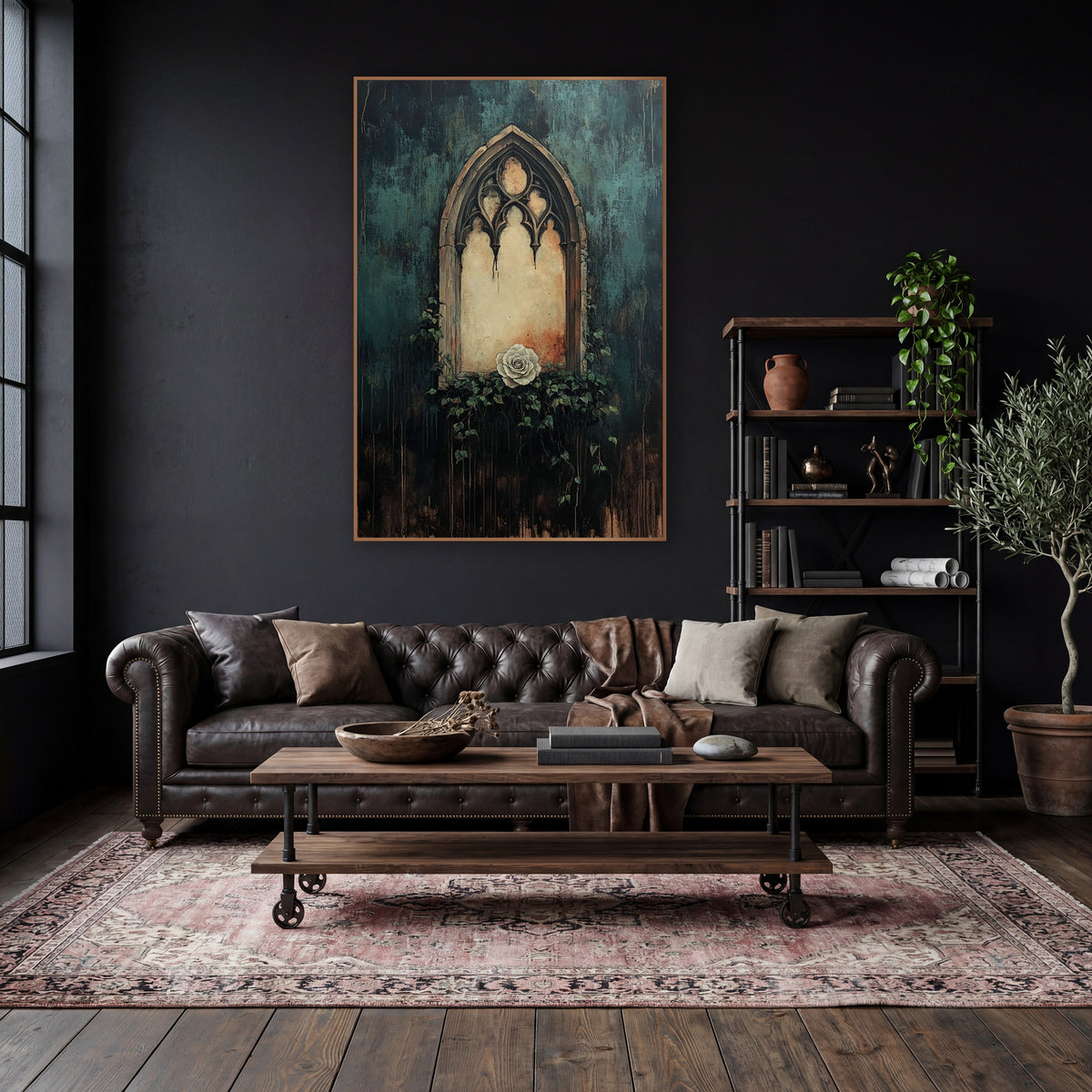 Gothic Arch Window White Rose Moody wall art in a moody dark academia room – gothic arched stone window with a cream