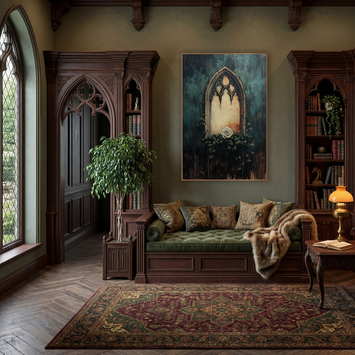 Gothic Arch Window White Rose Moody wall art in a moody dark academia room – gothic arched stone window with a cream