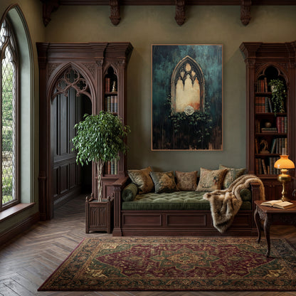 Gothic Arch Window White Rose Moody wall art in a moody dark academia room – gothic arched stone window with a cream