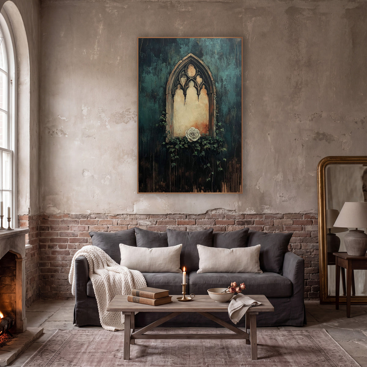 Gothic Arch Window White Rose Moody wall art in a moody dark academia room – gothic arched stone window with a cream