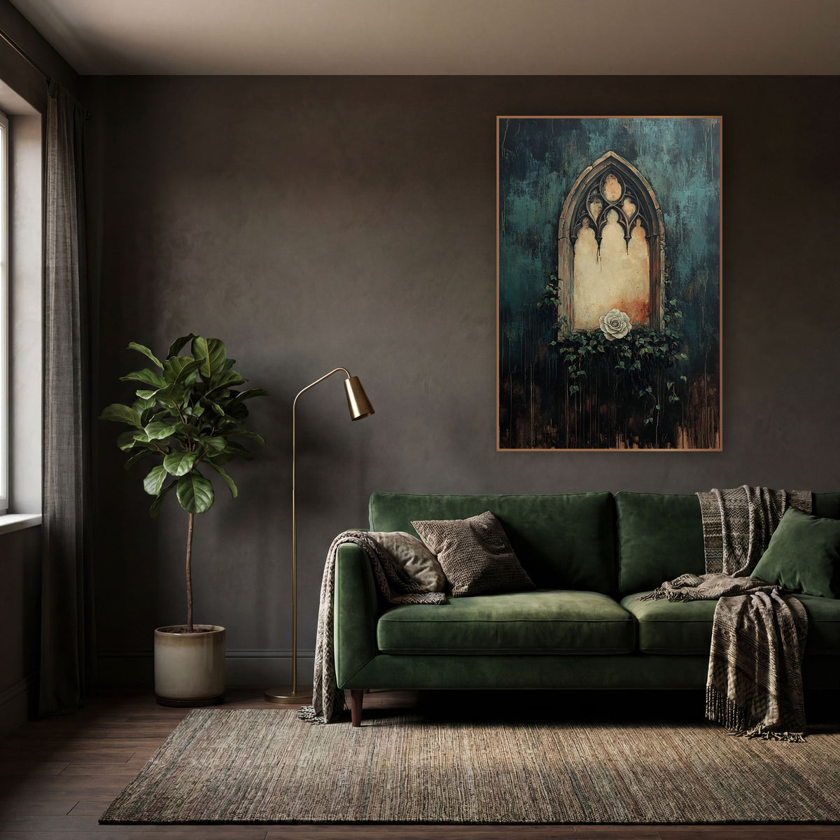 Gothic Arch Window White Rose Moody wall art in a moody dark academia room – gothic arched stone window with a cream