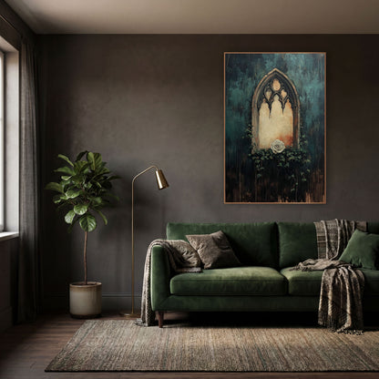 Gothic Arch Window White Rose Moody wall art in a moody dark academia room – gothic arched stone window with a cream