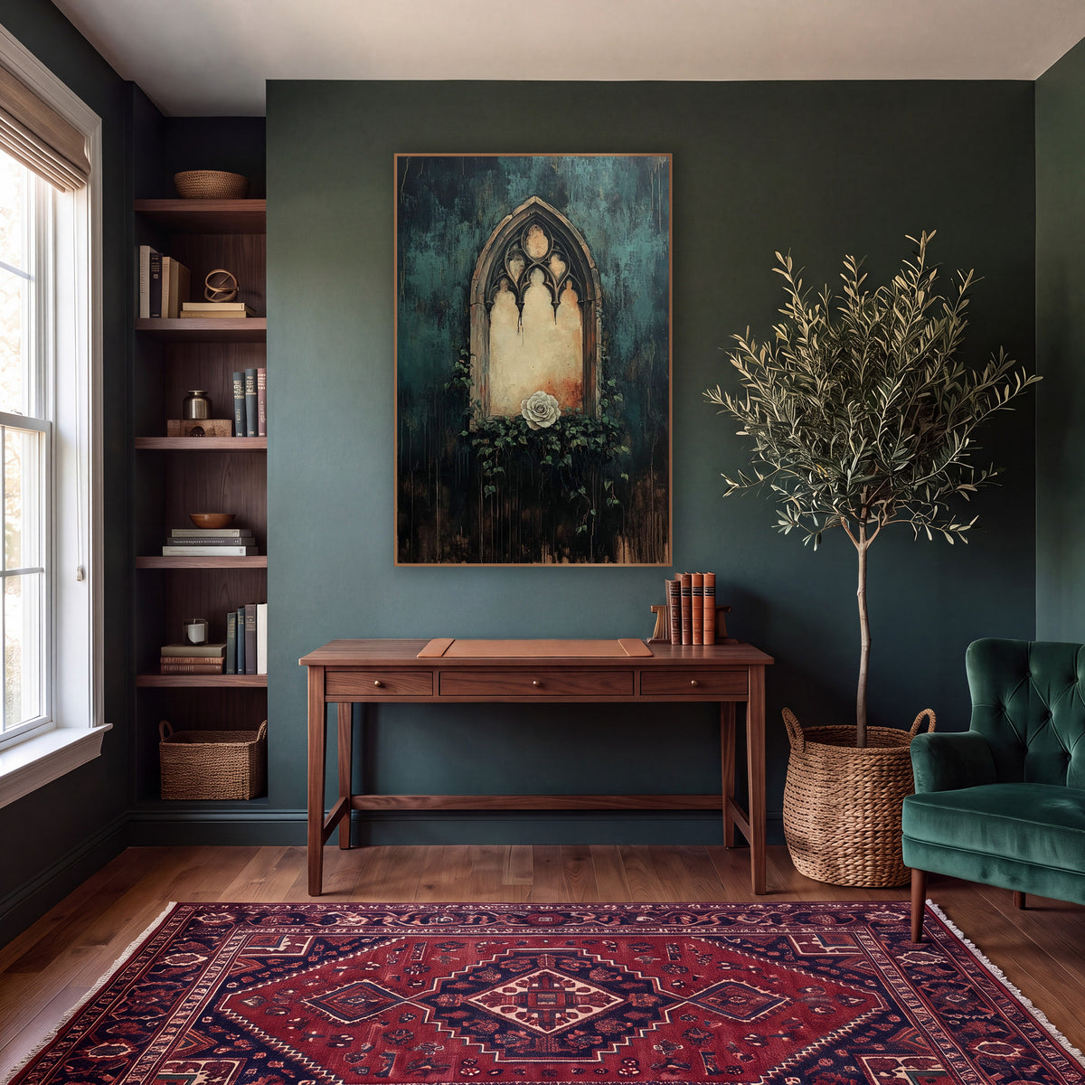 Gothic Arch Window White Rose Moody wall art in a moody dark academia room – gothic arched stone window with a cream