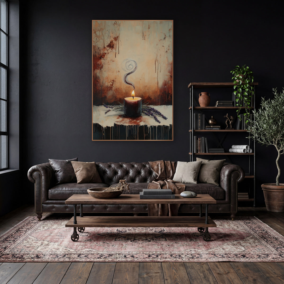 Swirling Smoke Candle Lavender Moody wall art in a moody dark academia room – lit burgundy candle with spiraling smoke