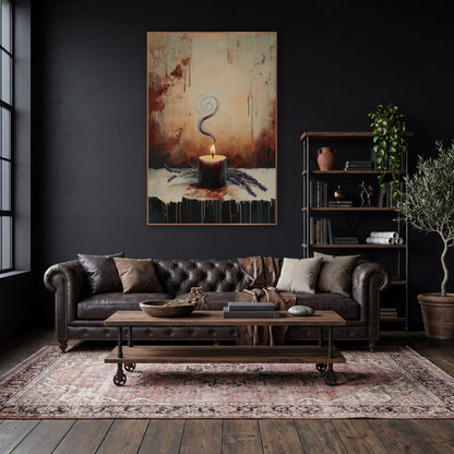 Swirling Smoke Candle Lavender Moody wall art in a moody dark academia room – lit burgundy candle with spiraling smoke