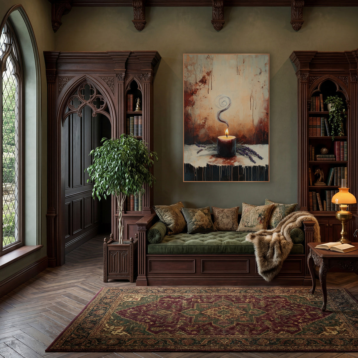 Swirling Smoke Candle Lavender Moody wall art in a moody dark academia room – lit burgundy candle with spiraling smoke