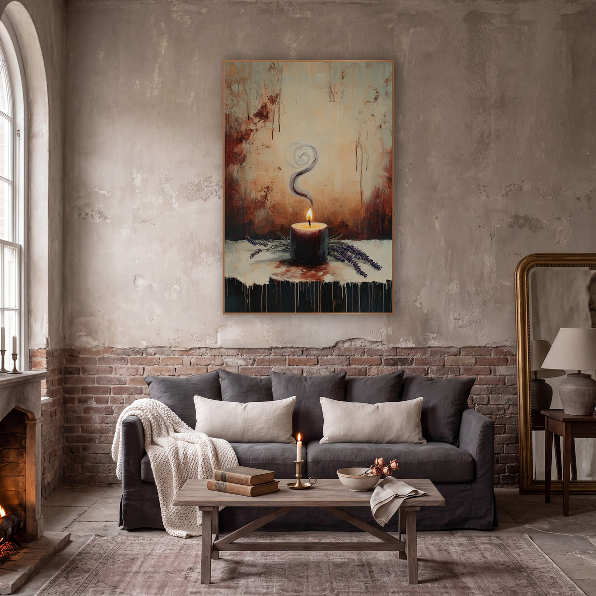 Swirling Smoke Candle Lavender Moody wall art in a moody dark academia room – lit burgundy candle with spiraling smoke