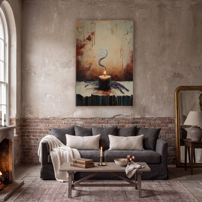 Swirling Smoke Candle Lavender Moody wall art in a moody dark academia room – lit burgundy candle with spiraling smoke