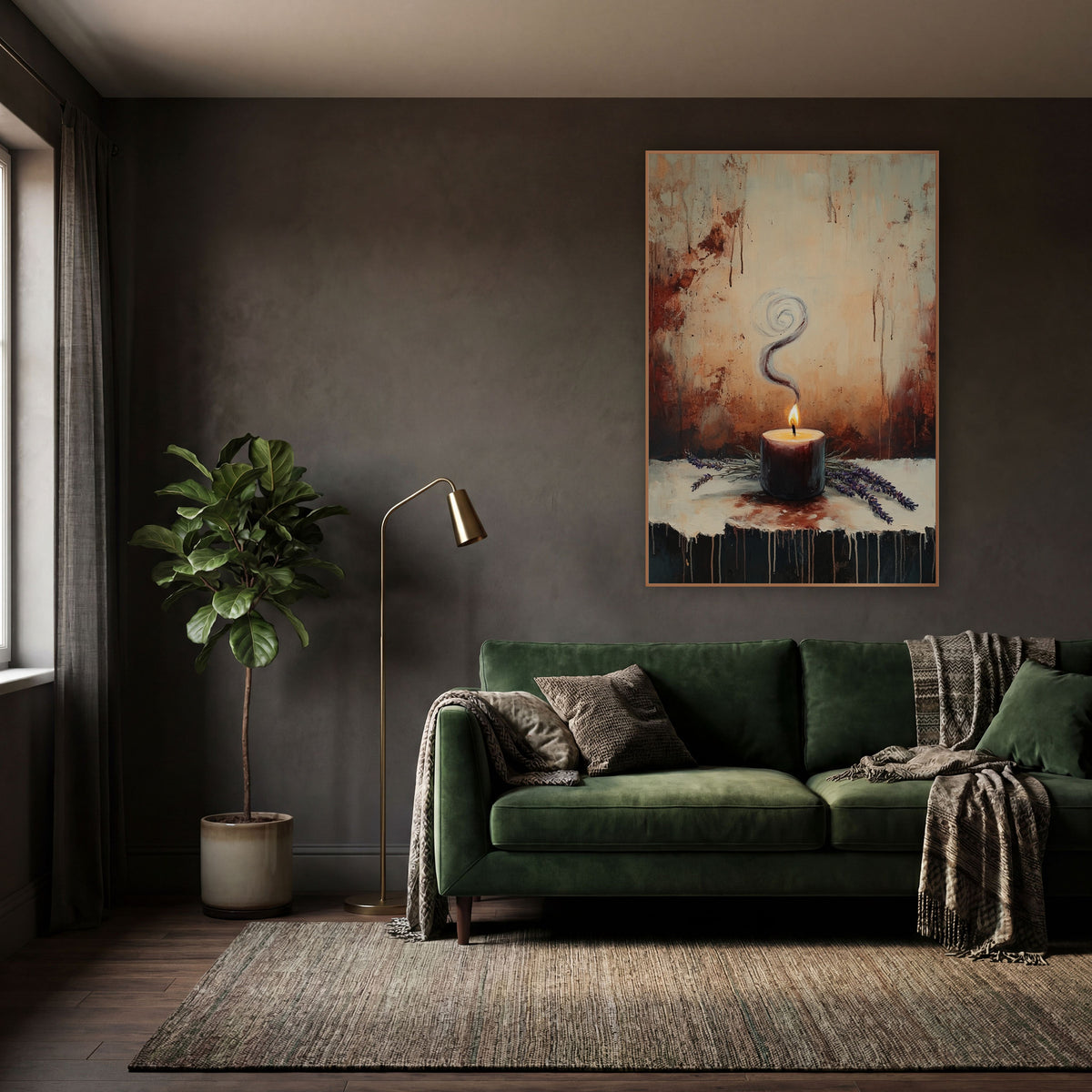 Swirling Smoke Candle Lavender Moody wall art in a moody dark academia room – lit burgundy candle with spiraling smoke