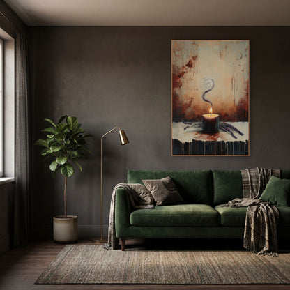 Swirling Smoke Candle Lavender Moody wall art in a moody dark academia room – lit burgundy candle with spiraling smoke