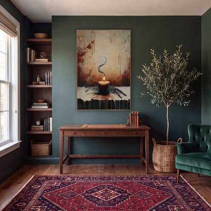Swirling Smoke Candle Lavender Moody wall art in a moody dark academia room – lit burgundy candle with spiraling smoke
