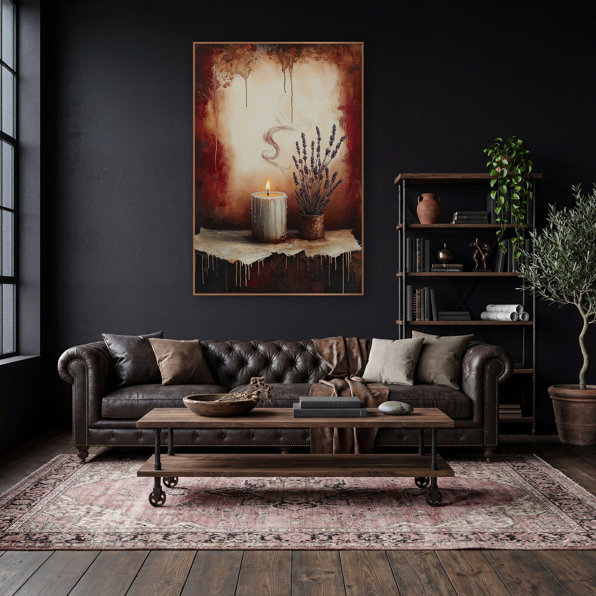 Lavender Pot Dripping Candle Classic wall art in a moody dark academia room – lit white candle with dripping wax
