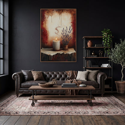 Lavender Pot Dripping Candle Classic wall art in a moody dark academia room – lit white candle with dripping wax