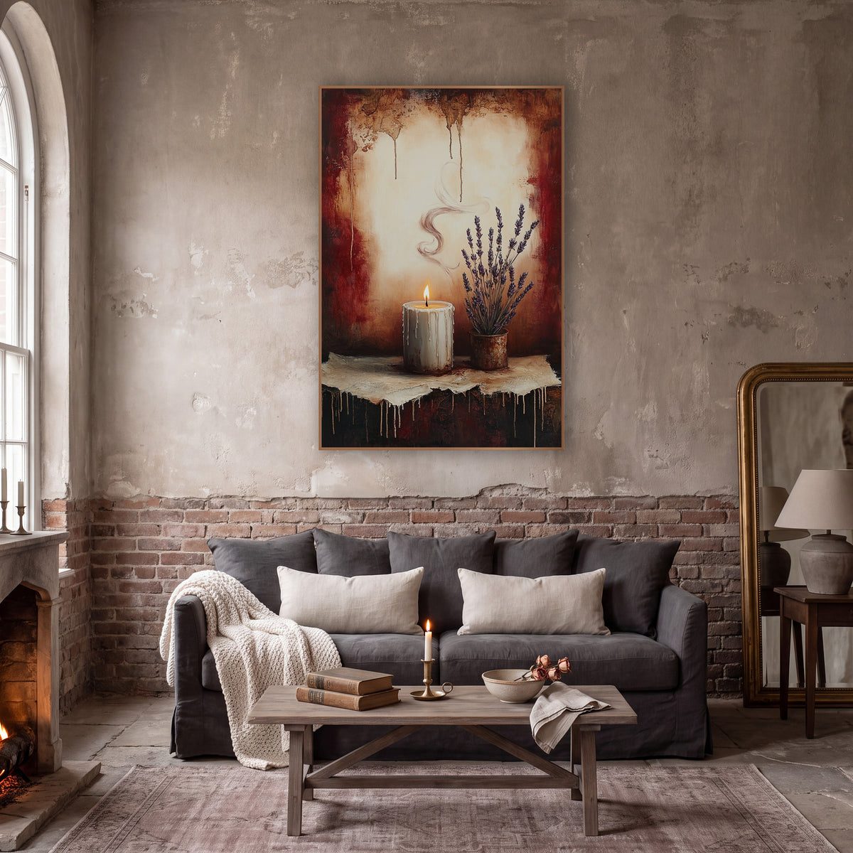 Lavender Pot Dripping Candle Classic wall art in a moody dark academia room – lit white candle with dripping wax
