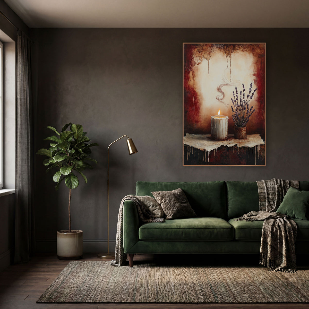 Lavender Pot Dripping Candle Classic wall art in a moody dark academia room – lit white candle with dripping wax